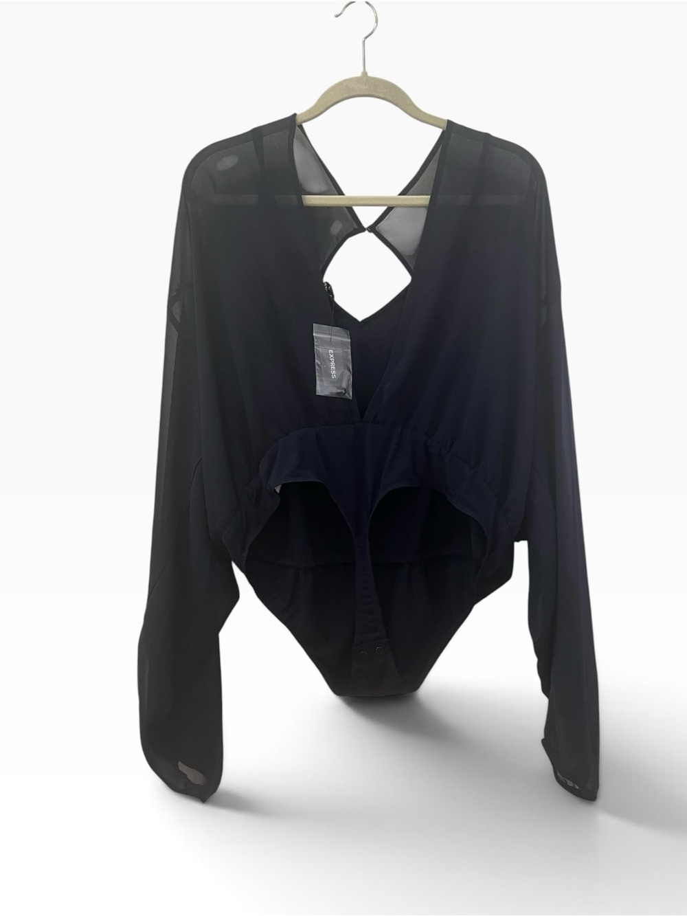 EXPRESS NWT Navy Blue Long-Sleeve Sheer Open-Back Overlay Bodysuit Size XL